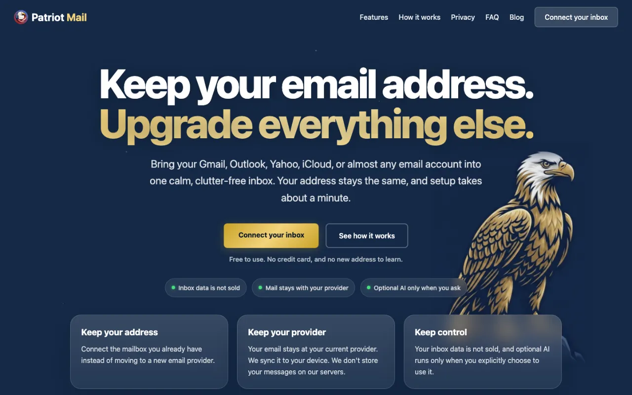 Patriot Mail landing page with the headline “Keep your email address. Upgrade everything else.”